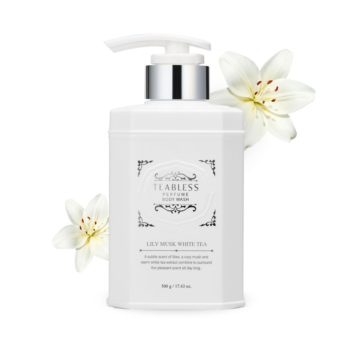 Perfume Body Wash Lily Musk White Tea (17.63oz/500ml) - Hydrating Vegan Body Cleanser for Sensitive Skin - Korean Skin Care with Herbs - Gentle, Moisturizing, Non-Sticky, Floral Musk Scent for Women