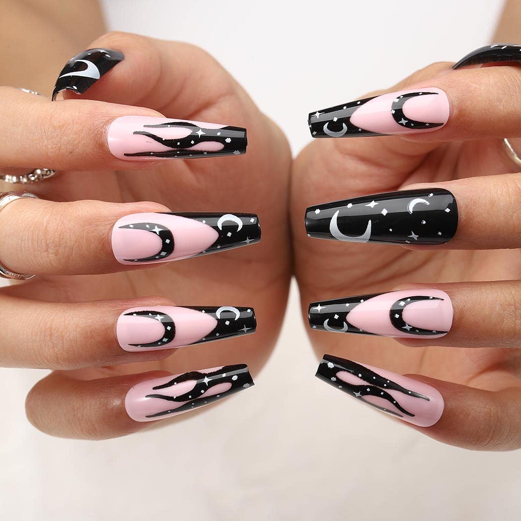 Gangel Extra Long Press on Nails Ballerina False Nails Glossy Coffin Fake Nail Gothic Full Cover Moon Stars Fake Nails Acrylic Daily Wear Party Gifts for Women and Girls 24Pcs (Moon)