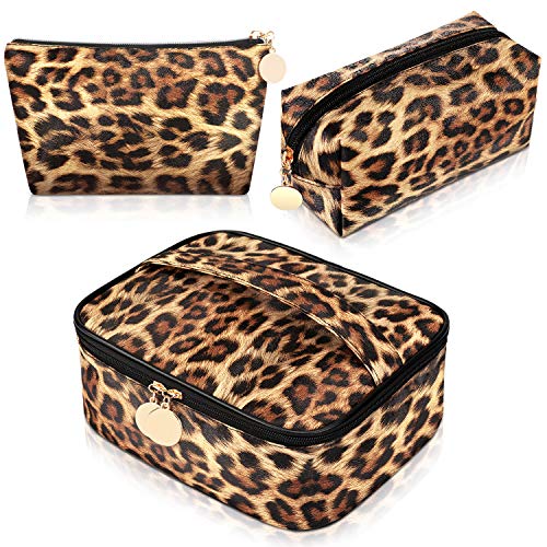 Boao 3 Pcs Leopard Print Cosmetic Bag Set Cheetah Toiletry Travel Makeup Organizer Portable Waterproof Makeup Pouch with Zipper for Women Brush Case Multifunction Purse Handbag