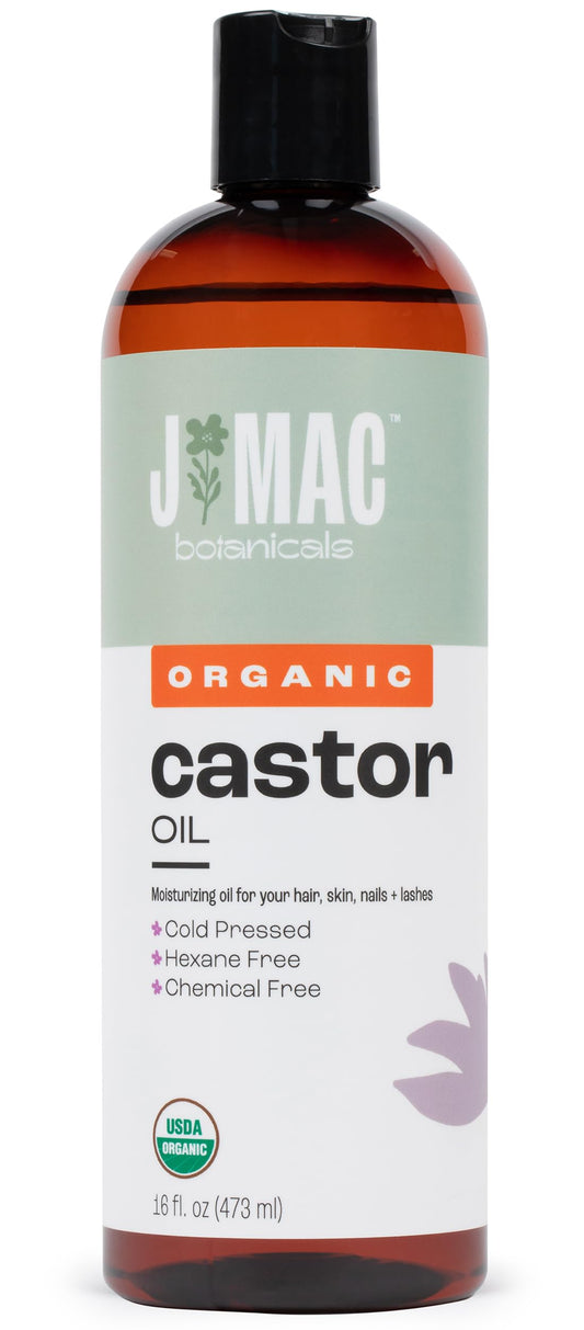 J MAC BOTANICALS Organic Castor Oil, Cold Pressed (16 oz) BPA Free, Castor hexane free, for face, skin, eyelashes, Certified USDA Organic