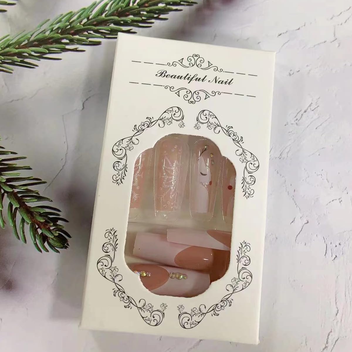 24 Pcs Christmas Press on Nails Long,Square Fake Nails White French Tip Deer Glitter Snowflake with Rhinestones Designs Nude False Nails Snow Press on Winter Xmas Glossy Glue on Nails for Women