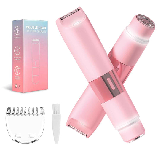 Bikini Trimmer for Women - 2 in 1 Painless Electric Razors for Women, IPX7 Waterproof Rechargeable LED Dual Head Electric Shaver for Lady Bikini Underarm, Body, Leg, Face Hair Remove - Pink