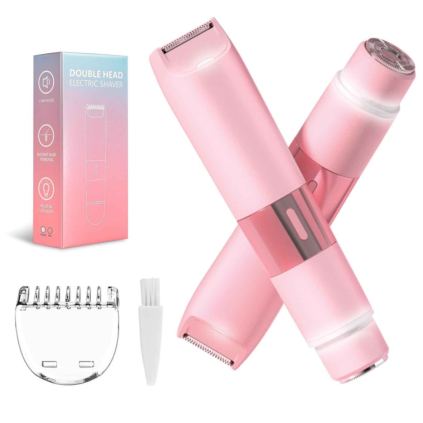 Bikini Trimmer for Women - 2 in 1 Painless Electric Razors for Women, IPX7 Waterproof Rechargeable LED Dual Head Electric Shaver for Lady Bikini Underarm, Body, Leg, Face Hair Remove - Pink