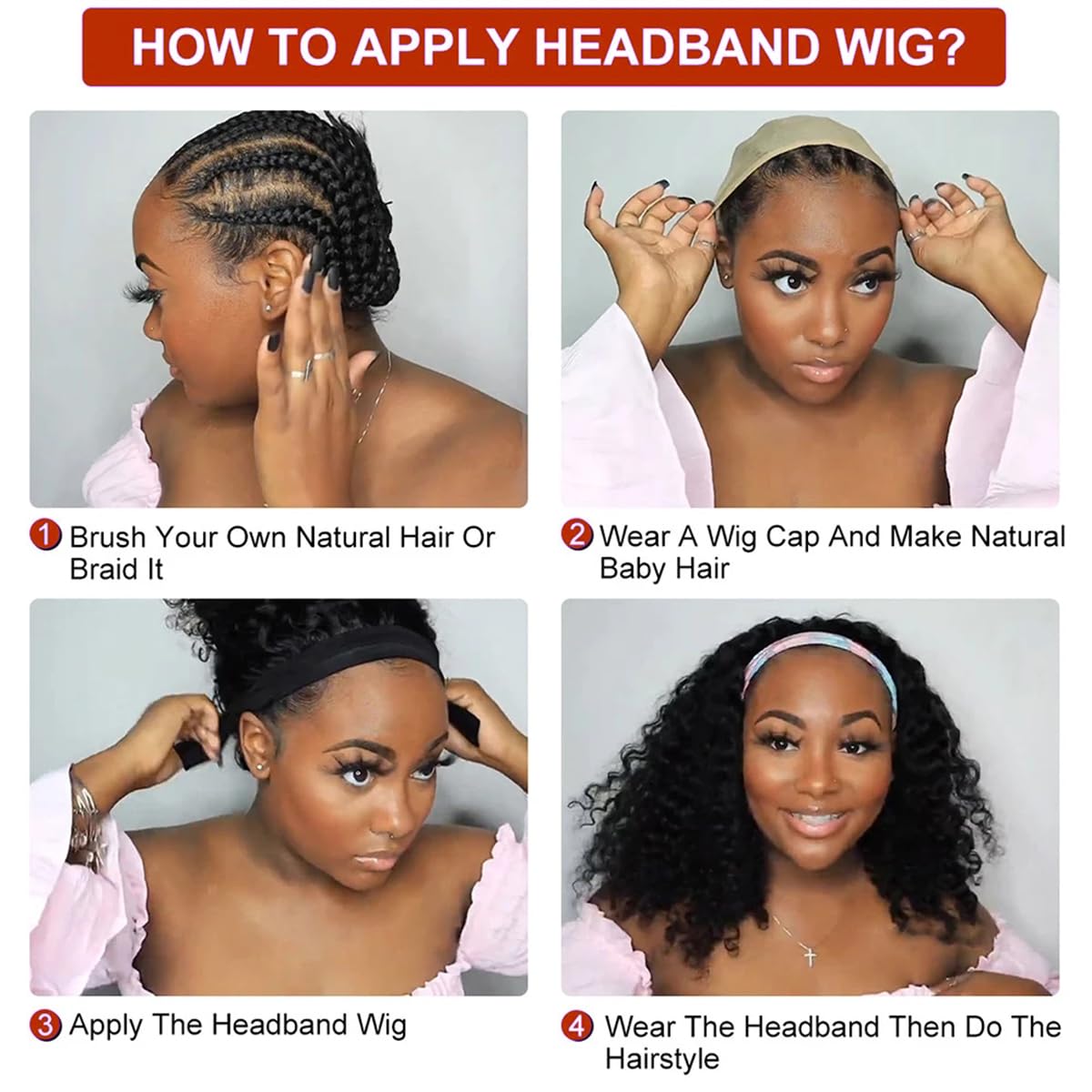 12''Water Wave Headband Wig Human Hair 150% Density Afro Wigs for Black Women Natural Curls 10A Glueless None Lace Front Wigs Easy to Wear Wig Water Wave Machine Made Wig