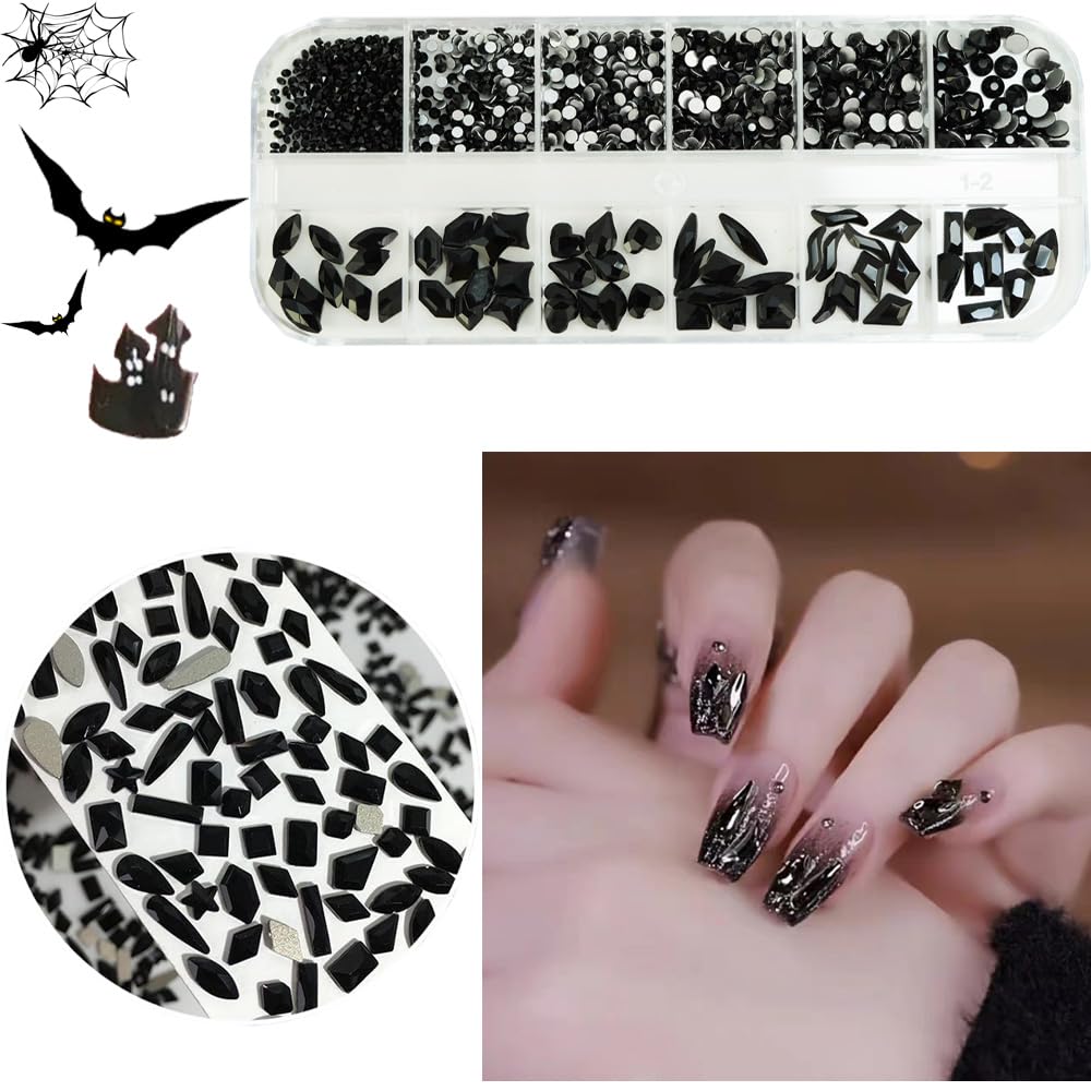 1350Pcs Black Rhinestones for Nails, 60Pcs Big Black Nails Charms with Small Sequined Flatback Round Beads, Black Glitter Clear Glass Diamond Stones for DIY Faces Eyes Makeup Crafts Decoration