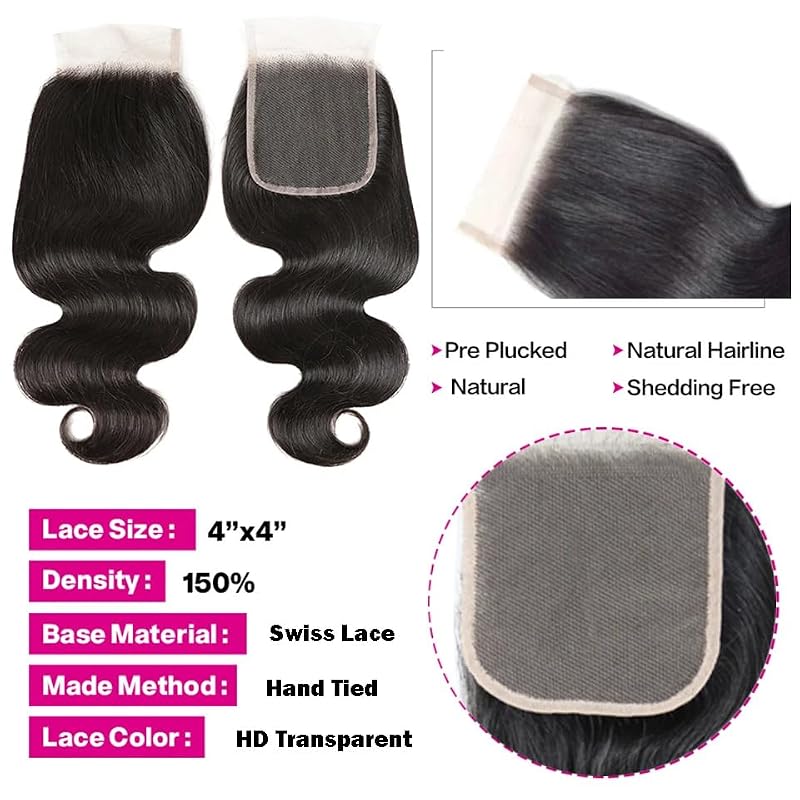 Body Wave Human Hair 3 Bundles with 4x4 Closure - 14 16 18