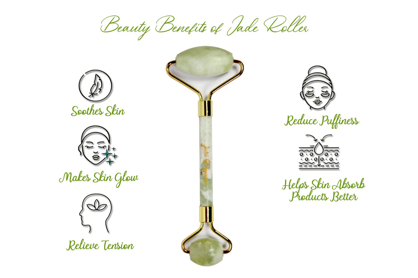 Just Organic Jade Roller & Gua Sha Set Facial Beauty Tools, Face Roller Skin Massager for Face, Neck and Eye Treatment Ice Roller for Skin Care Routine & Puffiness Relief (Green)