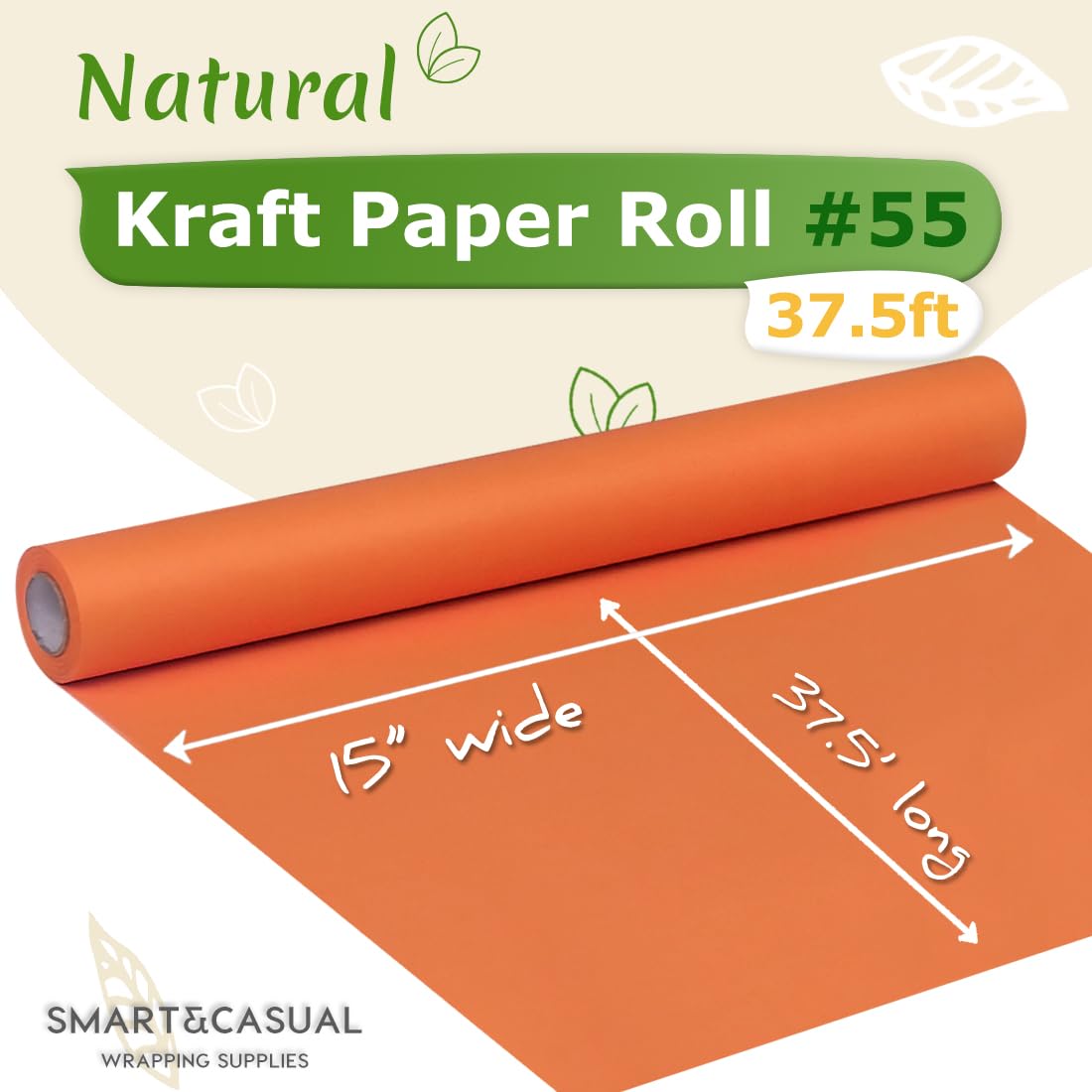 SMART&CASUAL 15" x 450" (37.5') Kraft Paper Roll for Art Craft Supplies Gift Wrapping Moving Packing Kids Painting Drawing Paint Easel Poster Chart Paper (OrangeRed, 15"W x 450"L (37.5'))