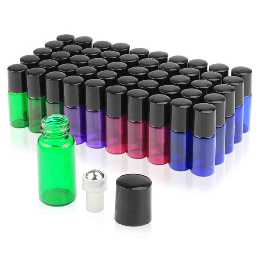 Furnido Pack of 50,3ml Glass Roll on Bottle Mixed Color Sample Test Roller Essential Oil Bottles glass vials With Stainless Steel Roller Balls,Black Plastic Cap For Travel Aromatherapy,Perfume Oils