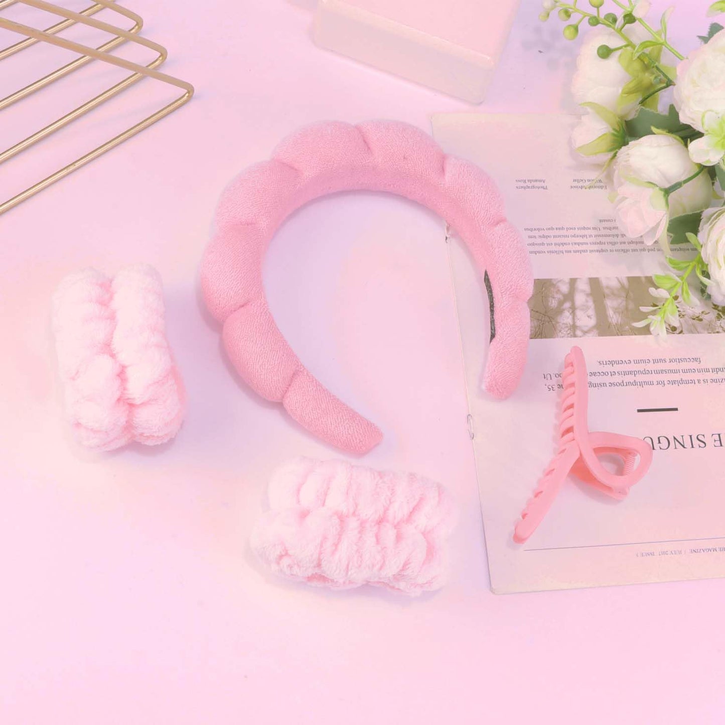 SuPoo Face Wash Headband and Wristband Set - Pink Terry Cloth Spa Hairband with Puffy Sponge, Makeup Headband, and Hair Band with Claw Clips