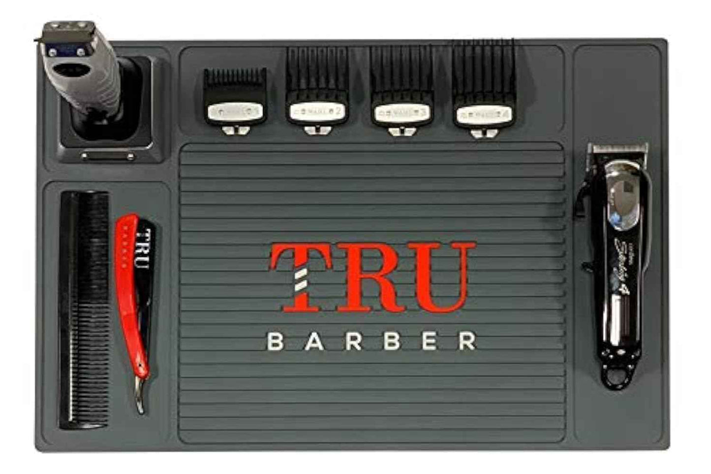 TRU BARBER Organizer Mat 18" X 13" (Charcoal Grey) Flexible PVC Station Mat, Salon Barbershop Work Station Pad, Anti-Slip
