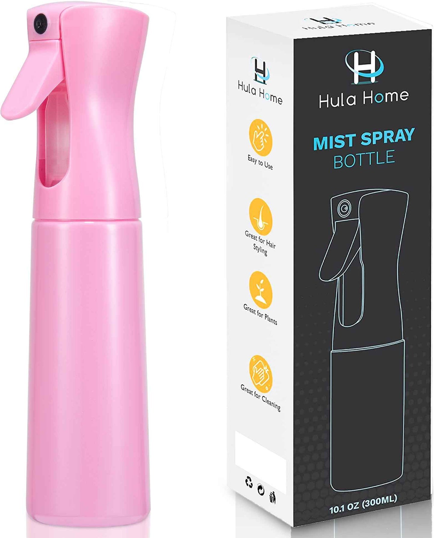 Hula Home Continuous Spray Bottle for Hair (10.1oz/300ml) Empty Ultra Fine Plastic Water Mist Sprayer – For Hairstyling, Cleaning, Salons, Plants, Essential Oil Scents & More - Pink