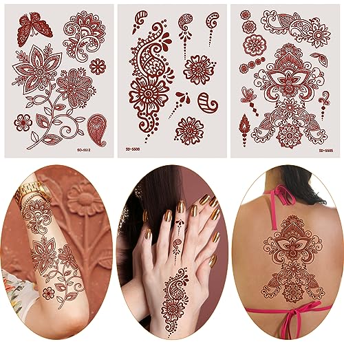 AHIER Temporary Tattoos for Women, 6 Sheets Henna Stickers, Waterproof Red Henna Tattoo Stickers for Women