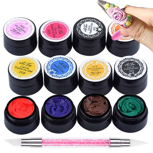 BAIYIYI 12 Color Sculpture Gel 3D Carving Gels for Nail Art Decoration Kit Creative DIY Nail Art Painting Carved Soak Off Polish Flowers Design Modeling Tool