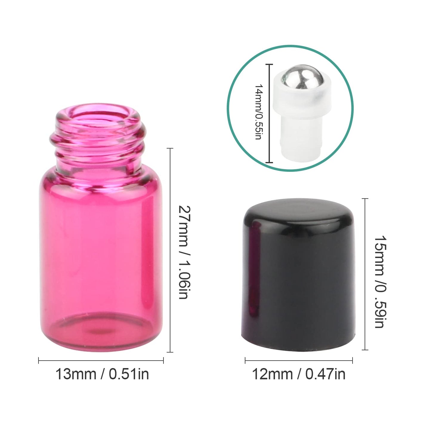 Furnido Pack of 50,2ml (5/8 Dram) Glass Roll on Bottle Mixed Color Sample Test Roller Essential Oil Vials Stainless Steel Roller Balls With Black Cap For Aromatherapy,Perfume Oils-Pipette included