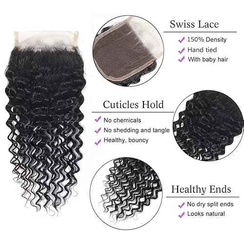 4x4 HD Lace Closure Human Hair Deep Wave Closure Free Part 20 Inch 100% Unprocessed Brazilian Virgin Human Hair Extensions Pre Plucked 150% Density Natural Black