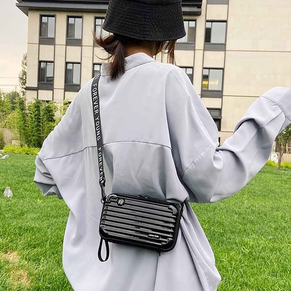 OXYPLAY PVC Hard Shell Travel Multi-Function Luggage,Women's Portable Toiletry And Makeup Bag, Alphabet Strap Storage Crossbody Bag (Black)