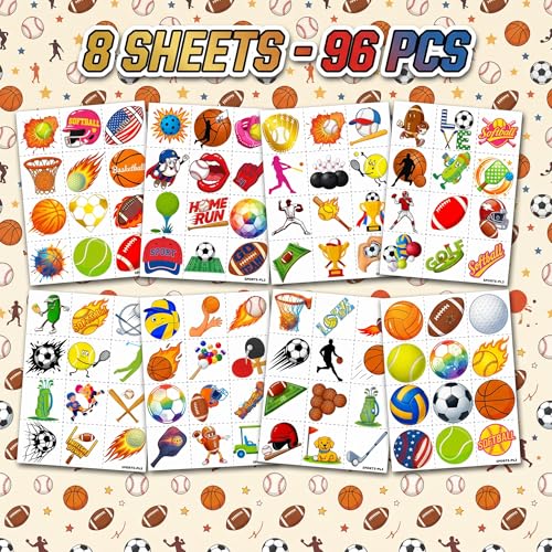 Sports Temporary Tattoos - 96 PCS Pre-Cut Soccer Football Baseball