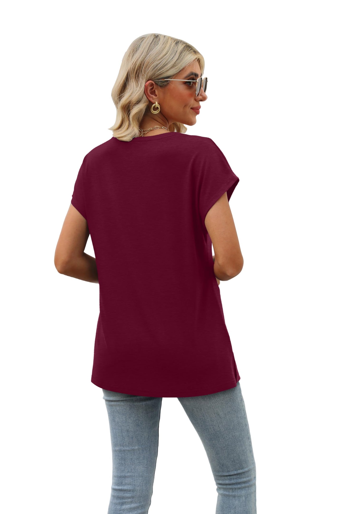 Womens Short Sleeve 2024 Summer Tops Trendy Tank Tops V Neck Loose Fit Shirts Burgundy S