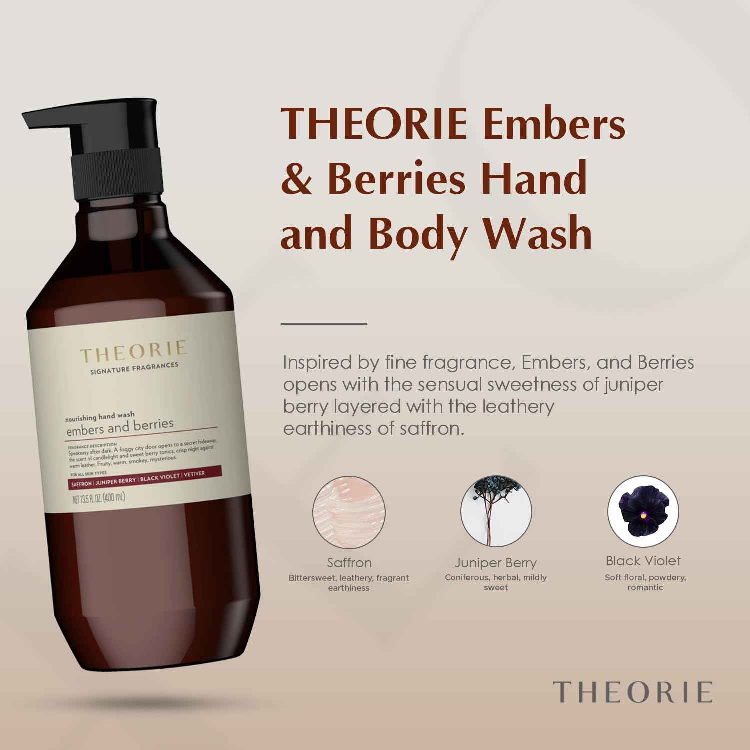 Theorie Embers and Berries Hand and Body Wash - Signature Fragrances Collection - Vegan, Luxury Soap with Notes of Saffron, Juniper Berry, Black Violet & Vetiver, Pump Bottle 400mL