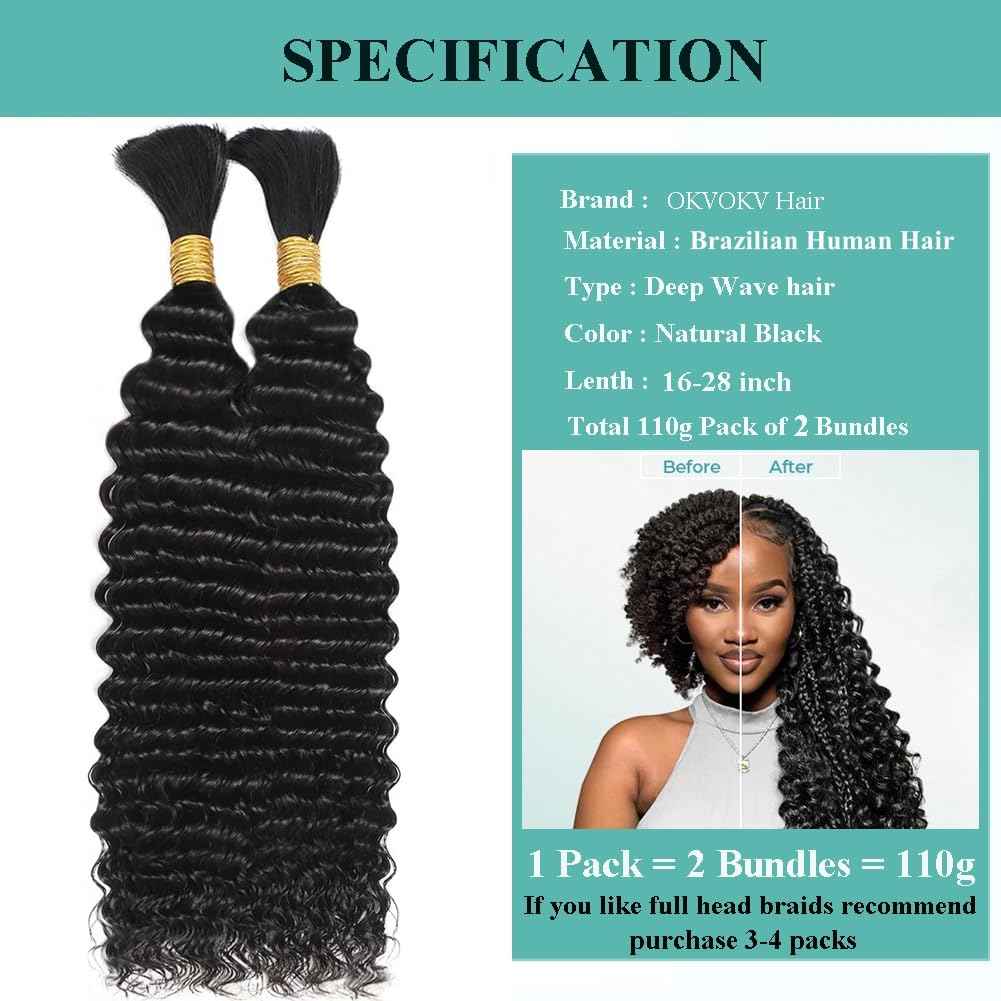 Human Braiding Hair for Boho Braids 110g 20 Inch Deep Water Wave Bulk Human Hair for Braiding No Weft 12A Wet and Wavy Curly Human Hair Extensions 2 Bundles/Pack Natural Color