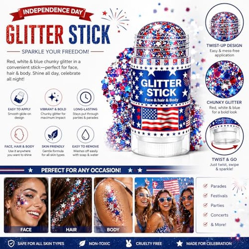 4th of July Glitter Stick - Red, White & Blue Body Makeup