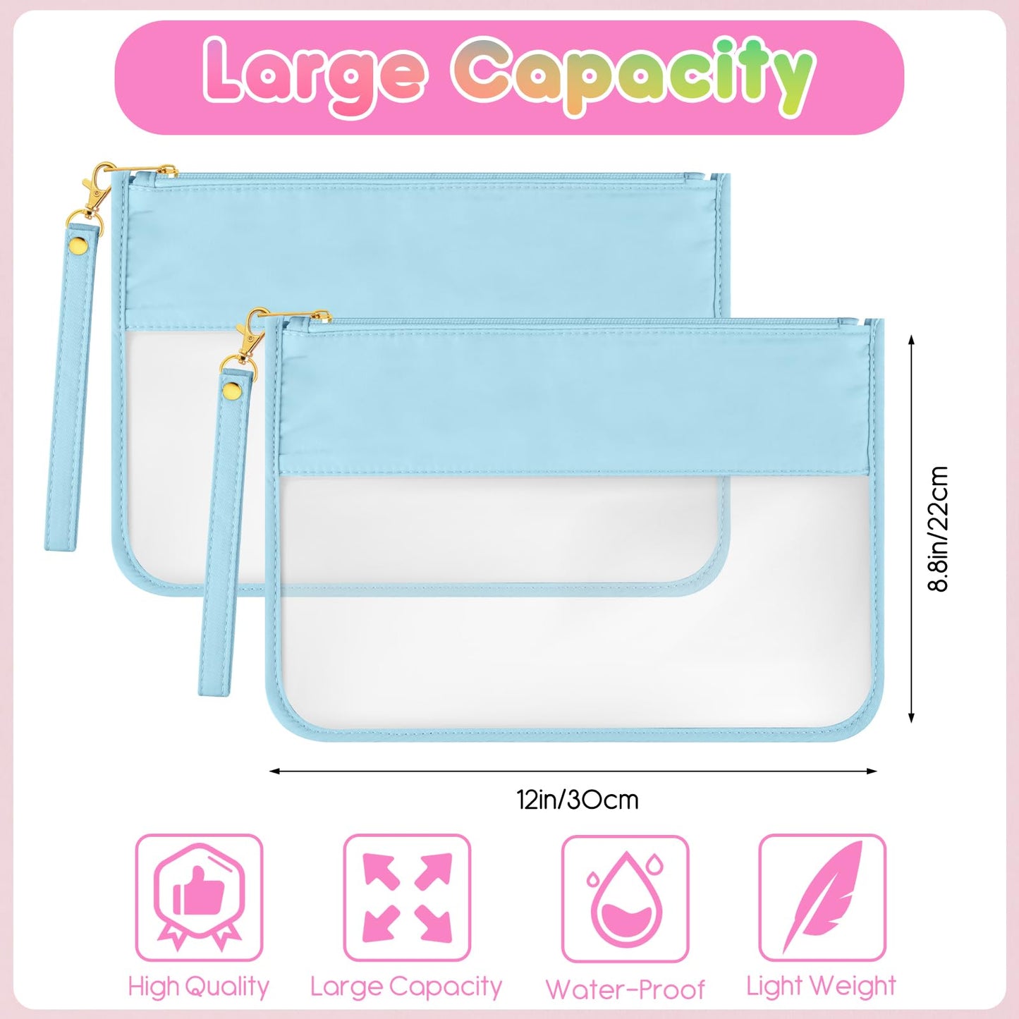 Morcheiong 2 Pieces DIY Chenille Letter Bag Nylon Clear Zipper Pouch with Wristlet Clear Travel Makeup Bag Cosmetic Pouch Toiletry Bag for Women Girls (Light Blue)