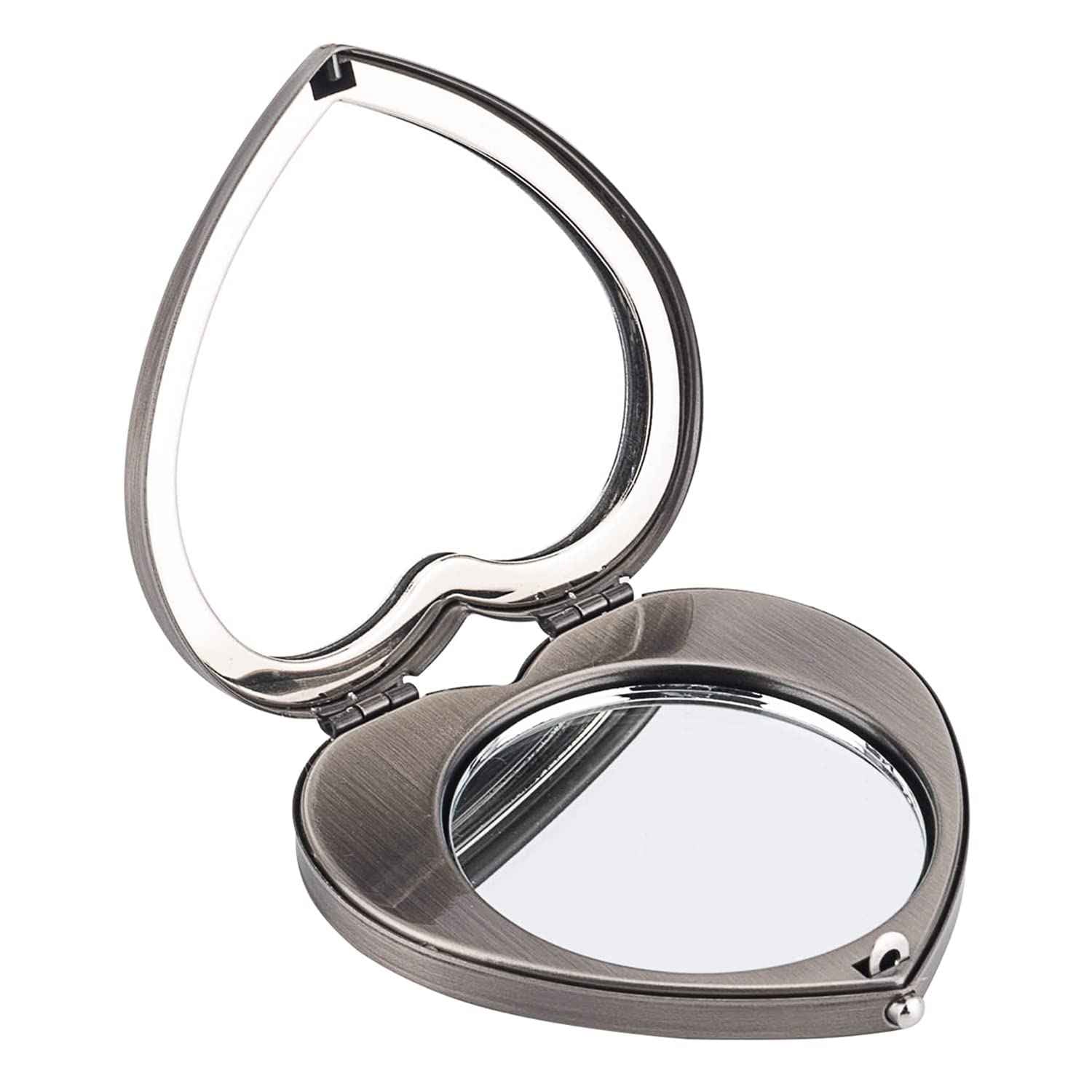 EYIDADAE Mini Vintage Heart Elegant Metall Makeup Mirror, Portable 1X/2X Magnifier (Silver)