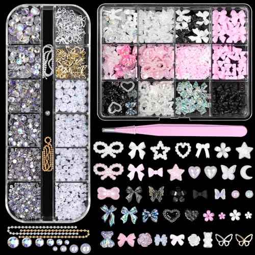 3D Assorted Nail Charms Gems, Bow Bowknot Butterfly Flower Acrylic Nail Art Charms, Half Round Nail Pearl and Rhinetones Charms for DIY Nail Art Accessories