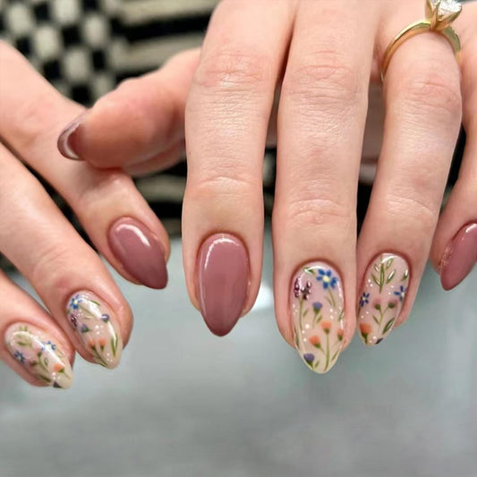 Brown Press on Nails Medium Almond Fake Nails Full Cover False Nails with Designs Leaf Flower Glue on Nails Glossy Acrylic Nails Stick on Nails Spring Summer Artificial Nails for Women Girls 24Pcs