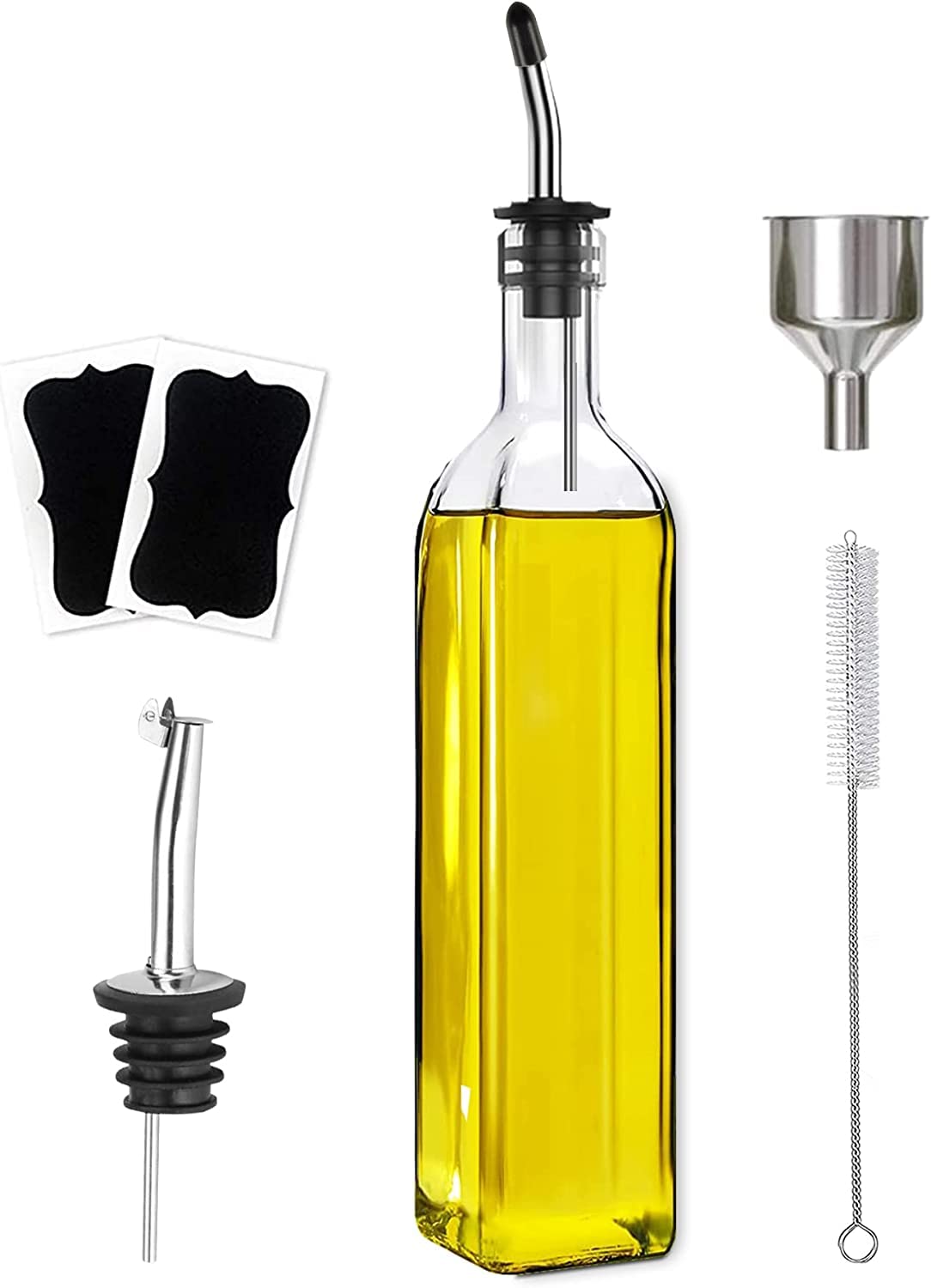 Leaflai Olive Oil Dispenser Bottle, 1 Pcs Glass Olive Oil Dispenser and Vinegar Dispenser Set with 2 Stainless Steel Pourers, 2 Labels,1 Brush and 1 Funnel Oil Bottles for Kitchen (500ml)