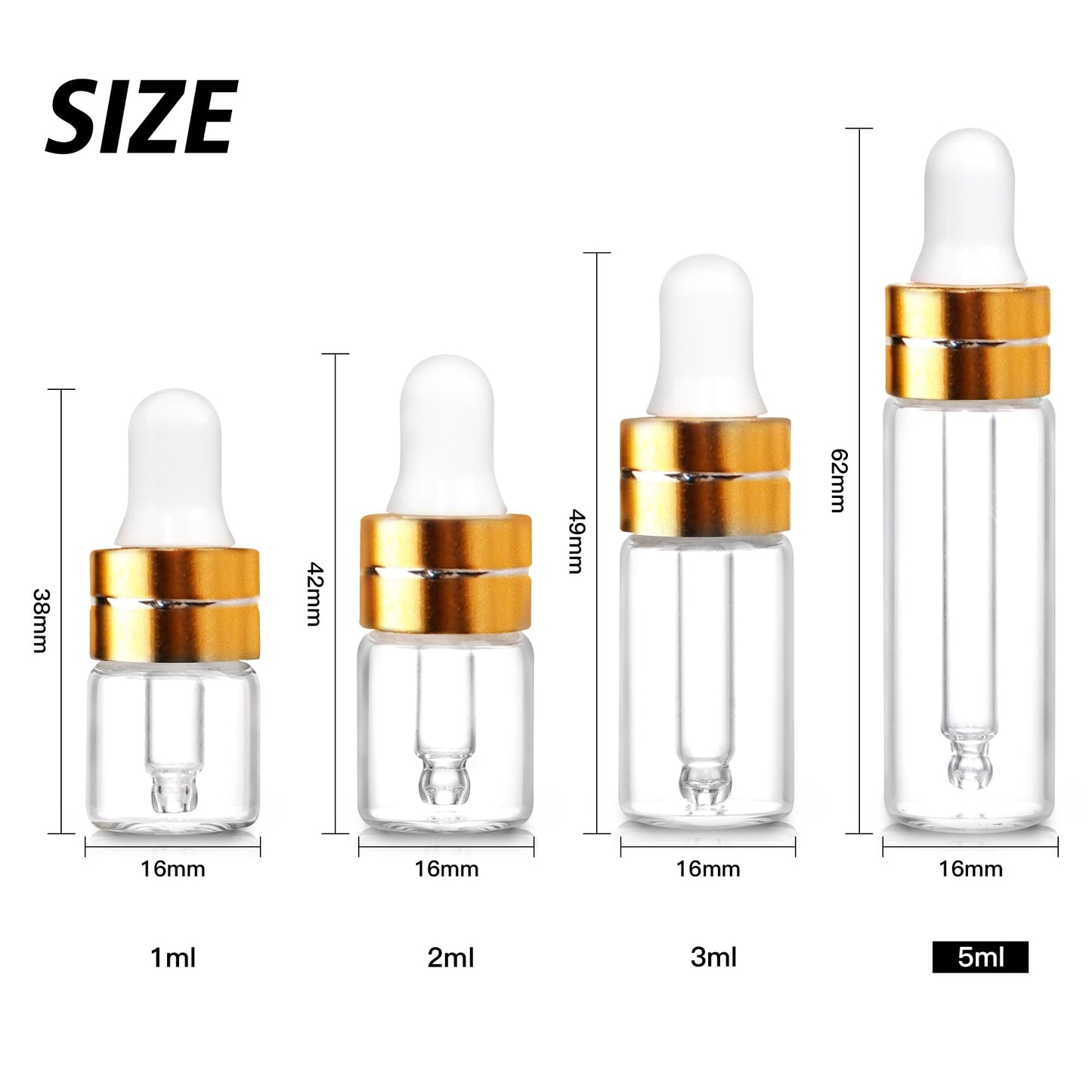 Comrzor 100 Pack 5ml Clear Glass Dropper Bottles with 4 Pcs Plastic Droppers, Mini Sample Dropper Bottles for Essential Oils Perfume Cosmetic Liquid, Empty Travel Sample Vials with Gold Cap