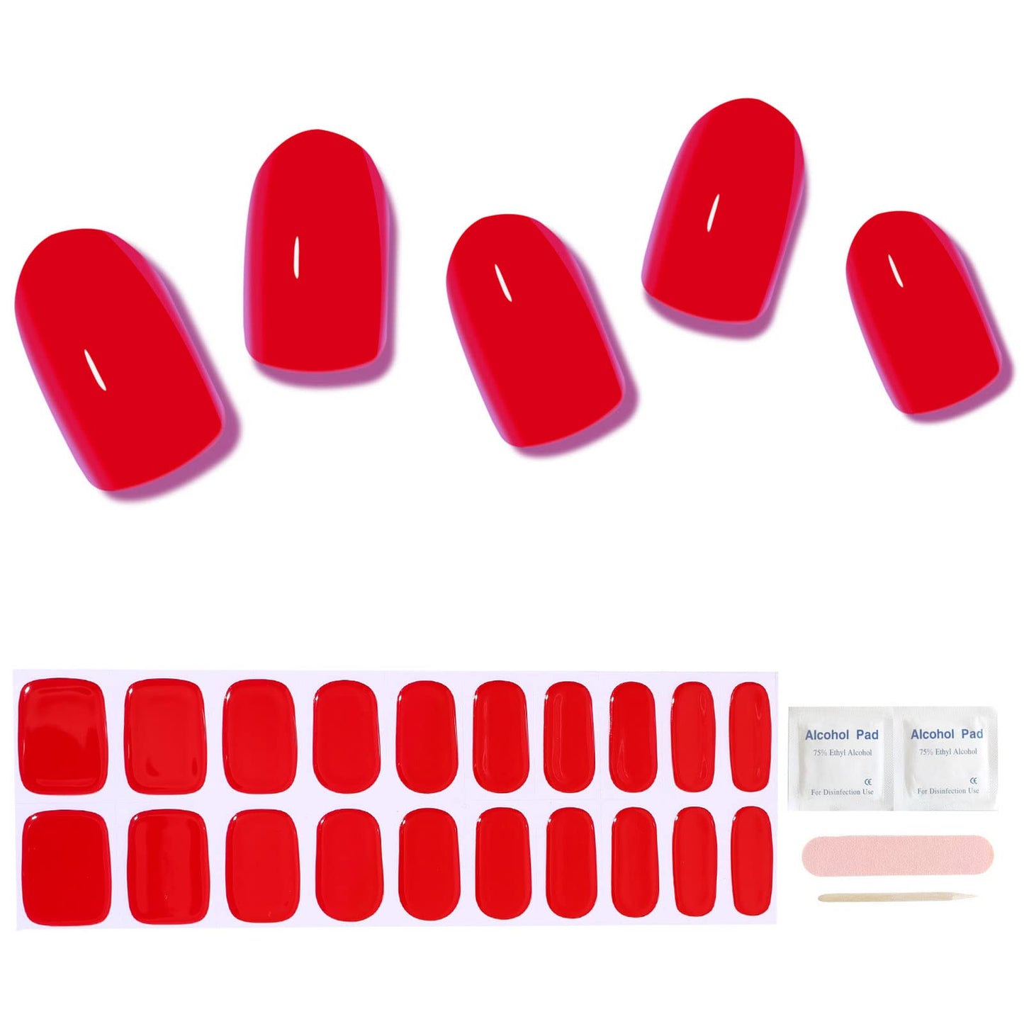 ACROIN Semi Cured Gel Nail Strips Nail Wraps 20 Stickers Need Cured, Salon-Quality, Long Lasting, Easy to Apply & Remove, Includes Cleaning Pad, Nail File, Wooden Stick - Red