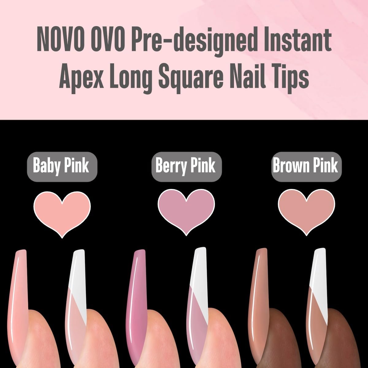 NOVO OVO Instant Apex Pre-designed French Tip Nail Tips Press on, Thick Pre-applied Tip Primer & Base Coat, BERRY PINK Full Cover False Nails Fake Nail Extensions for Acrylic x 15 sizes 150 pcs