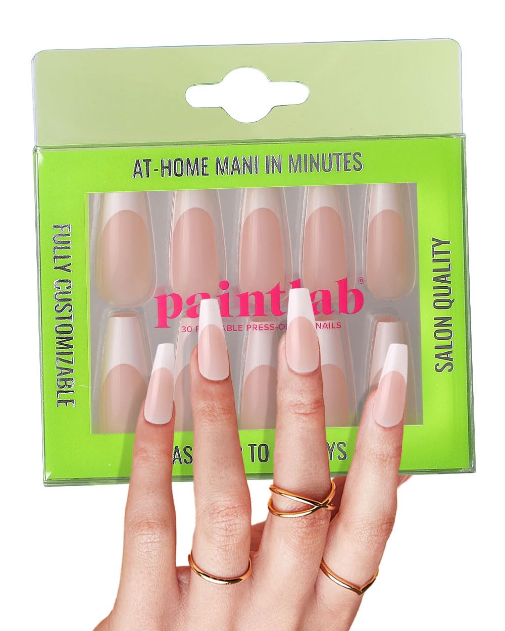 PaintLab Press On Nails - 30 Piece Fake Nails with Glue, Nail File, Prep Pad & Cuticle Stick | Non Toxic & Cruelty Free | Long Lasting & Complete Glue On Nails for Women & Girls (Classic French)