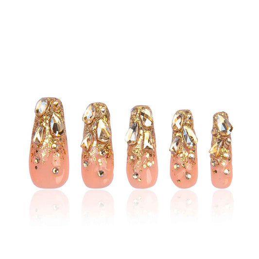 LOVFUL Press on Nails Stardust Gold Rhinestone | Handmade with Full Covered Crystals | Reusable Full Cover Nails | Coffin Classic Regular 1.3 in | H84-L
