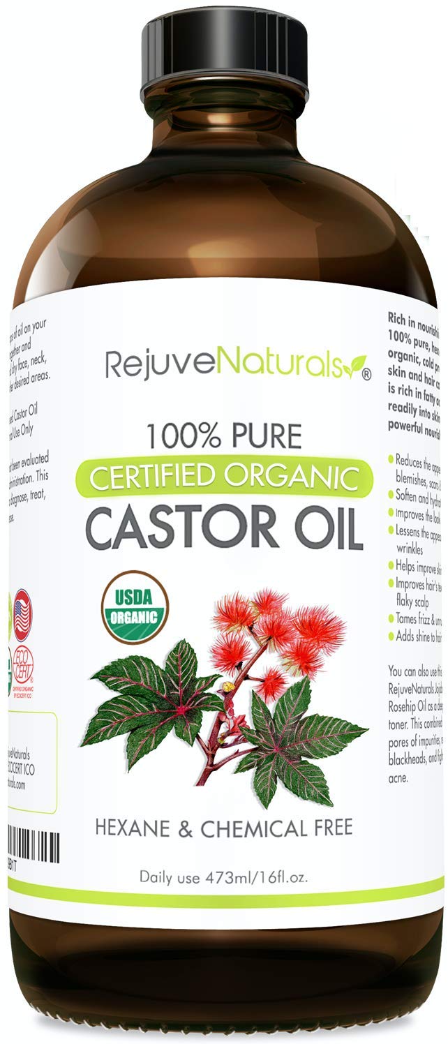 RejuveNaturals Castor Oil (16oz Glass Bottle) USDA Certified Organic, 100% Pure, Cold Pressed, Hexane Free. Boost Hair Growth for Thicker, Fuller Hair, Lashes & Eyebrows.