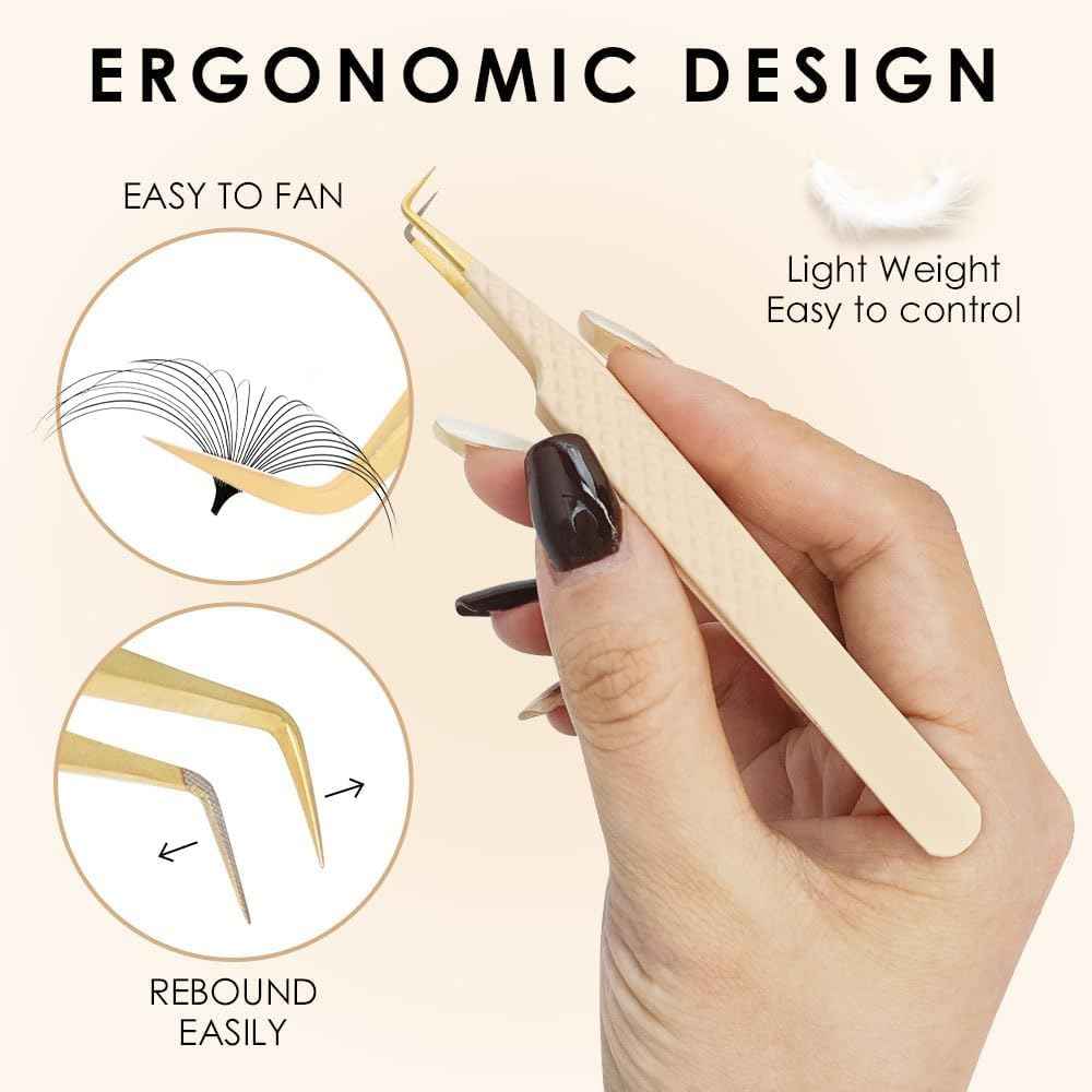 Beeutemaker Beige Fiber Tip Lash Tweezers for Eyelash Extensions – F Shape for Isolation, Professional Precision Tweezers for Lash Technicians