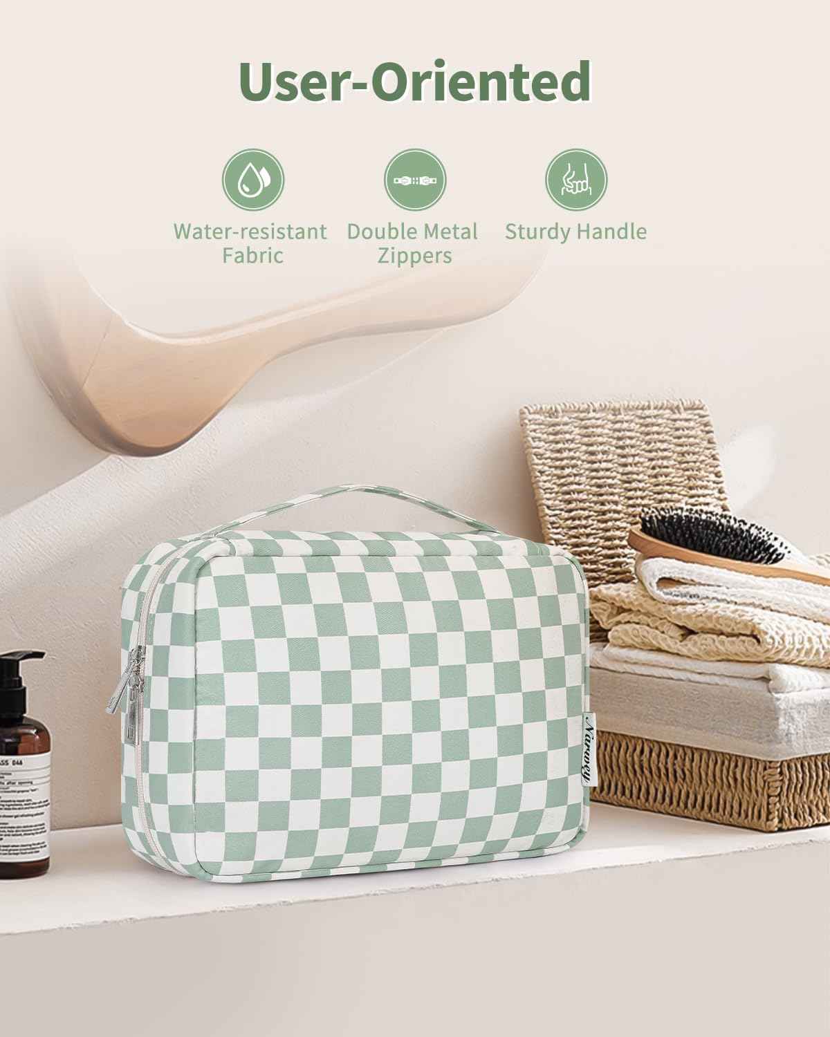 Narwey Small Hanging Travel Toiletry Bag for Women, Travel Bag for Toiletries, Checkered Makeup Bag Organizer Cosmetic Bags Make Up Bags for Girls (Mint Green Checkerboard)
