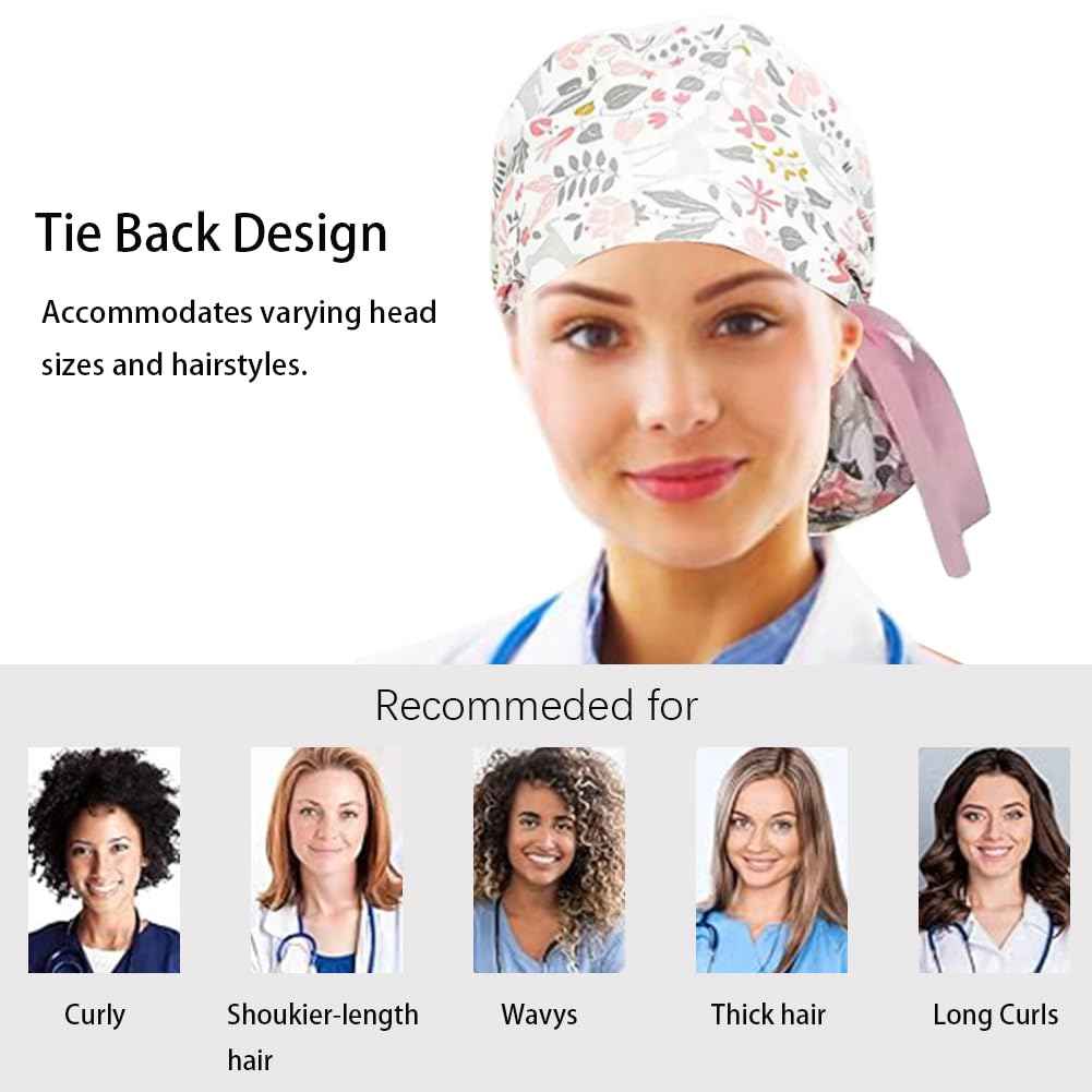 8Pcs Satin Lined Scrub Caps Women, Surgical Caps for Women, Adjustable Scrub Hats Womens Ponytail with Button and Sweatband, Nurse Cap for Unisex, Working Cap, Elastic Ponytail Pouch Tie Back