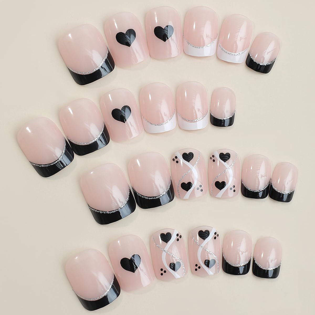 Black French Tip Press on Nails Short Square Heart Fake Nails with Silver Glitter Line Designs Glossy Coffin Nails Full Cover Acrylic Nails Reusable Stick on Nails for Women Valentines Manicure Decor