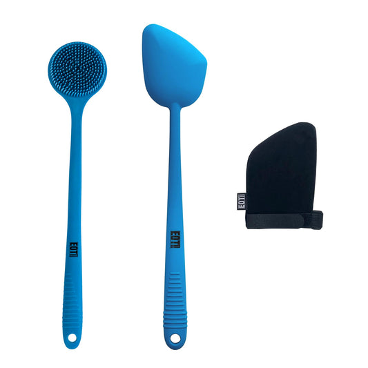 EOT Wellness Bendable Long Handled Silicone Back & Scalp Scrubber & Lotion Applicator for Back Bundle (Blue)