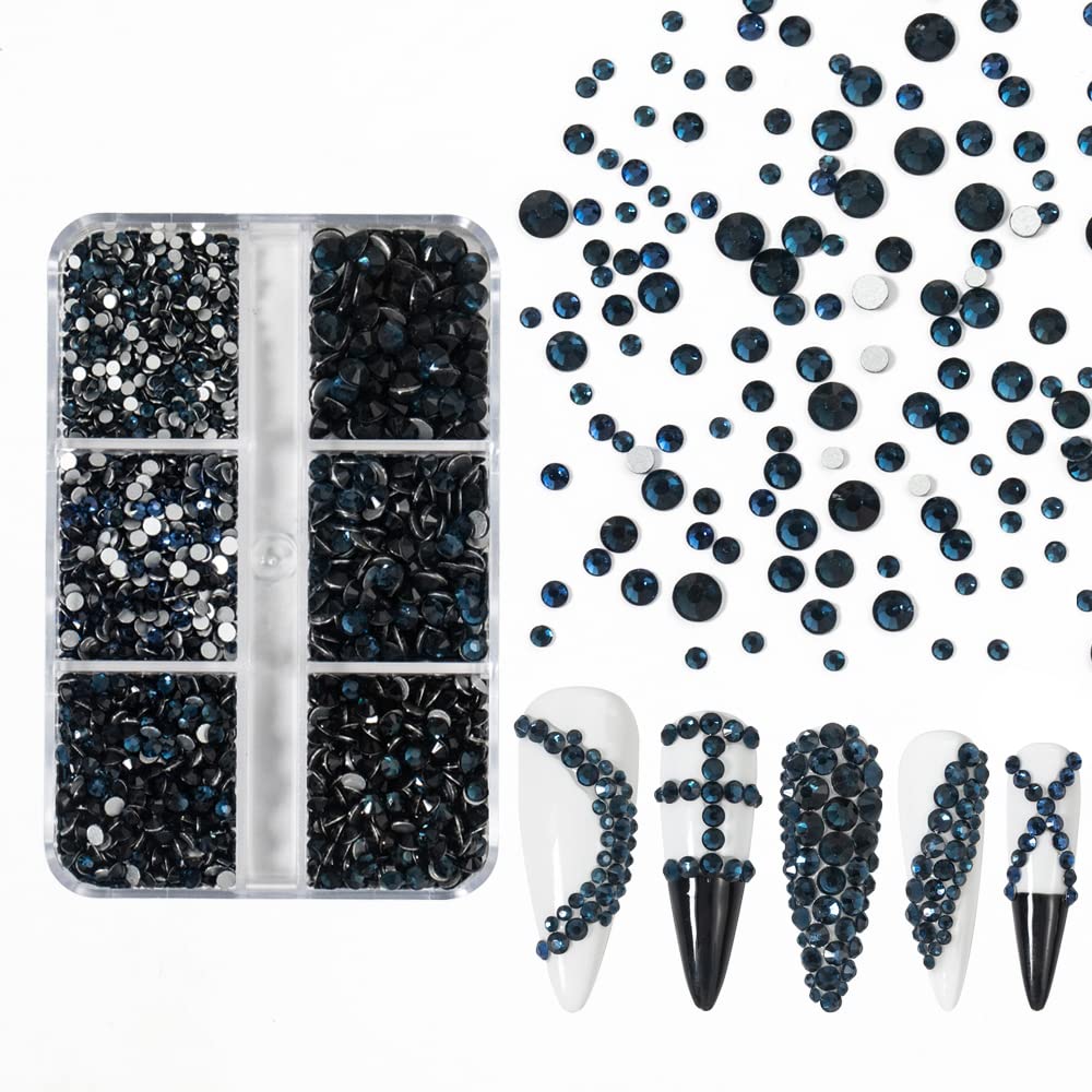 6Grids 3000Pcs Clear Flatback Rhinestones Crafts,Ink Blue Nail Gems Crystals Jewels,Craft Glass Diamonds Stones Bling Rhinestone with Tweezers and Picking Pen for Nail Face Makeup(1.8mm~4mm Crystal)