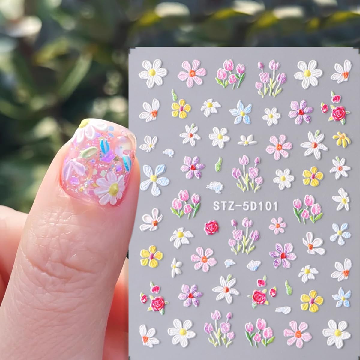 3PCS Flower Nail Art Stickers 5D Embossed Nail Decals Spring Floral Nail Sticker Self Adhesive Nail Art Supplies Three-Dimensional Frosted Small Daisy Flowers Nail Design for Women Nail Decoration