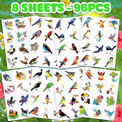 96-Piece Tropical Bird Temporary Tattoos for Kids