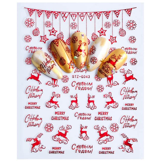 8 Sheets Christmas Nail Stickers, 3D Self-Adhesive Holiday Stickers, Santa Claus Snowflake Snowman Bird Bell Christmas Tree Elk Nail Decals, Red Gold Christmas Stickers, Xmas Winter Stickers for Kids