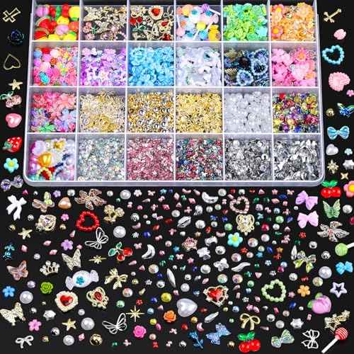 FANDAMEI Nail Charms and Gems, 24 Grids Nail Art Kit for Design, Y2K 3D Charms Rhinestone, Gold Metallic Nail Gems, Flatback AB Nail Rhinestones Gold Nail Pearls, 3D Fruits Flowers Nail Jewels