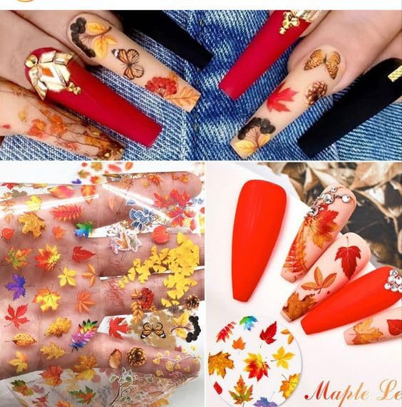 5 Sheets Gold Yellow Maple Leaf Nail Art Sticker Maple Leaf Nail Art Accessories Decals 3D Self-Adhesive Green Leaves Owl Nail Art Designs Supplies for Women DIY Thanksgiving Party Nail Decoration