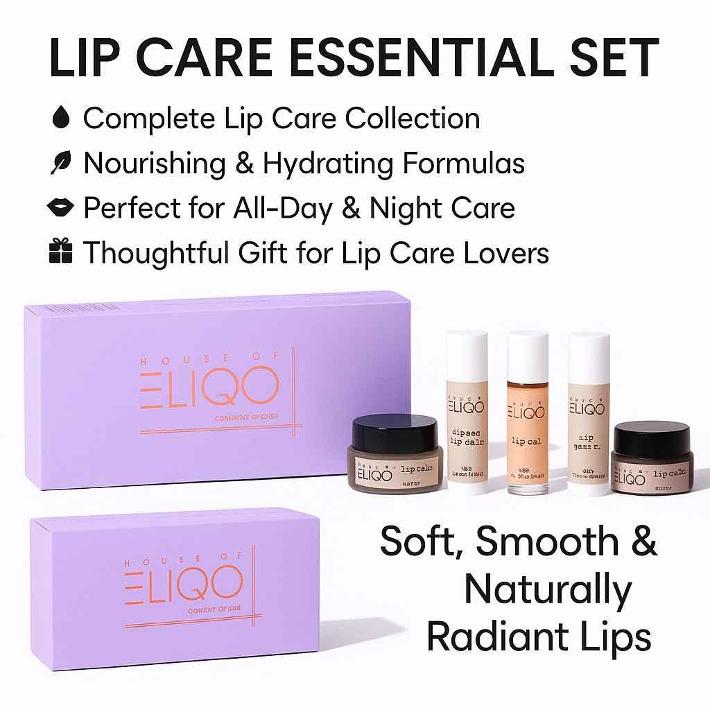 House of Eliqo Lip Care Set – 5-Piece Routine with Lip Mask, Scrub, Lip Oil, Tinted & Unscented Balm – Nourishing, Oil-Based Hydration