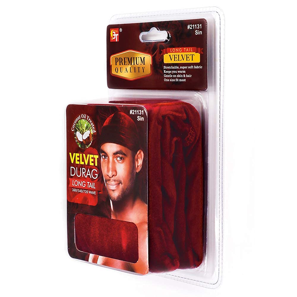 Durag - Velvet Long Tail 360/540/720 Wave - Premium Soft Quality Fabric, Coconut Oil Treated Stretchable Headwraps, Headtie, Headwear for Men and Women (Burgundy - 1 pack)